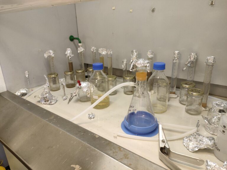 glass lab equipment for digesting samples. All covered in aluminuim foil.